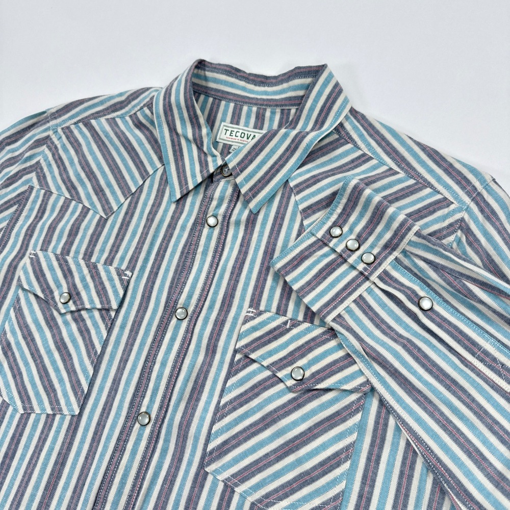 Tecovas Mens Shirt Large Blue Striped Pearl Snap Western Cowboy Minimalist